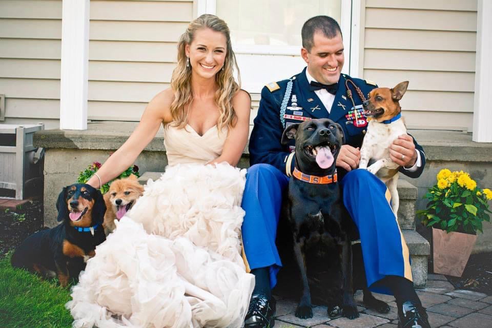 A couple on their wedding day with their family of dogs
